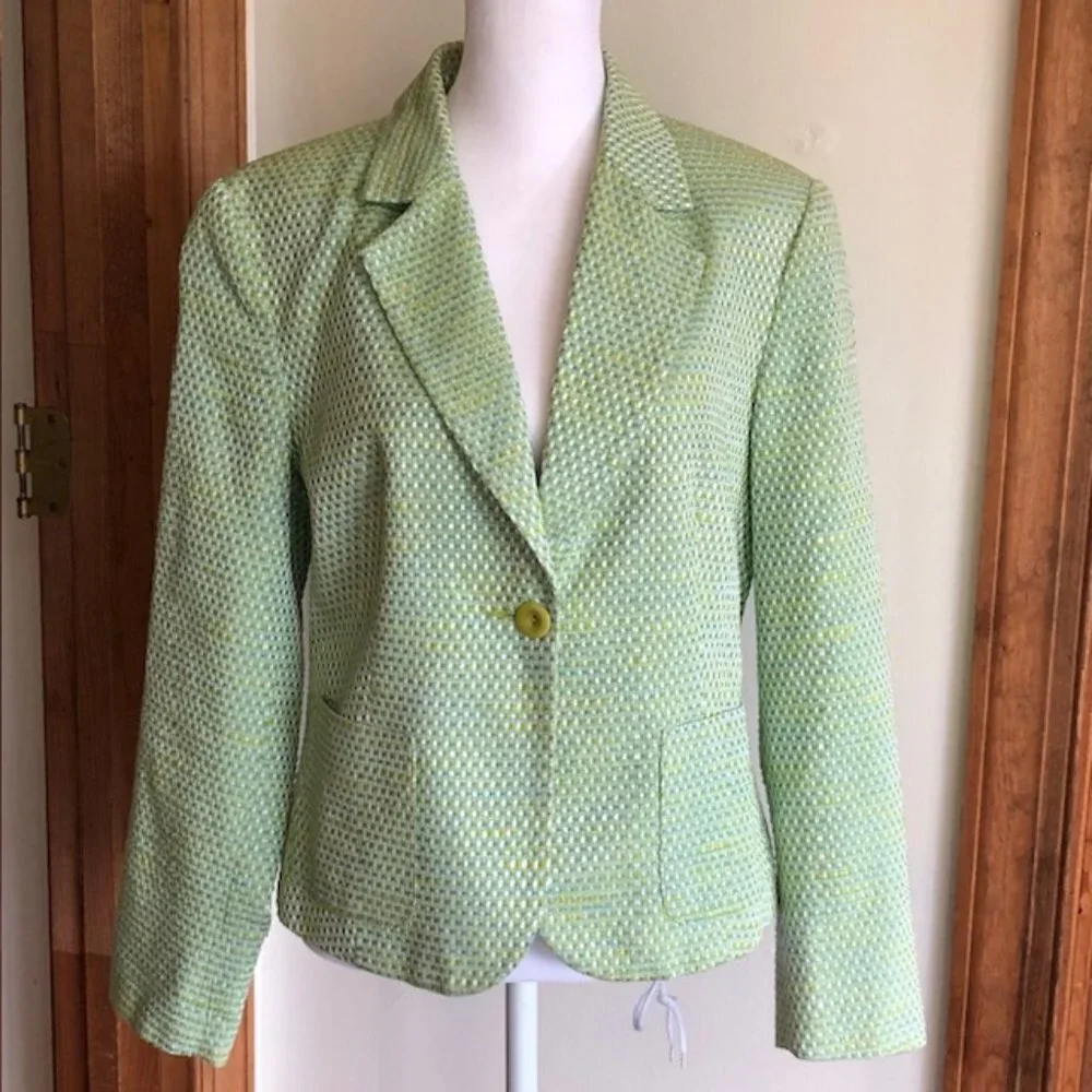 TALBOTS Tweed Green Blue Yellow Long Sleeve Lined Single Breasted Blaz…